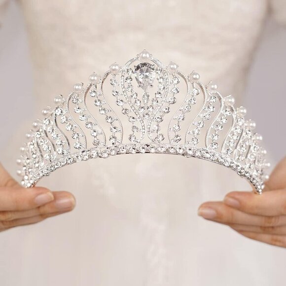 Silver Pearl Crystal Crown Rhinestone Tiara for Women Wedding Parties